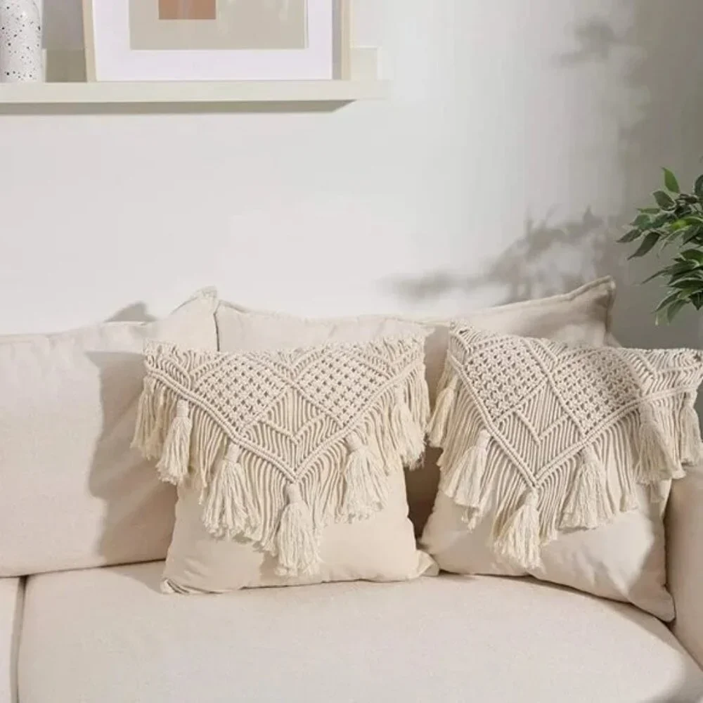 Tassel Macrame Throw Pillow Boho Indie Case Cushion Cover for Bed/Sofa/Patio